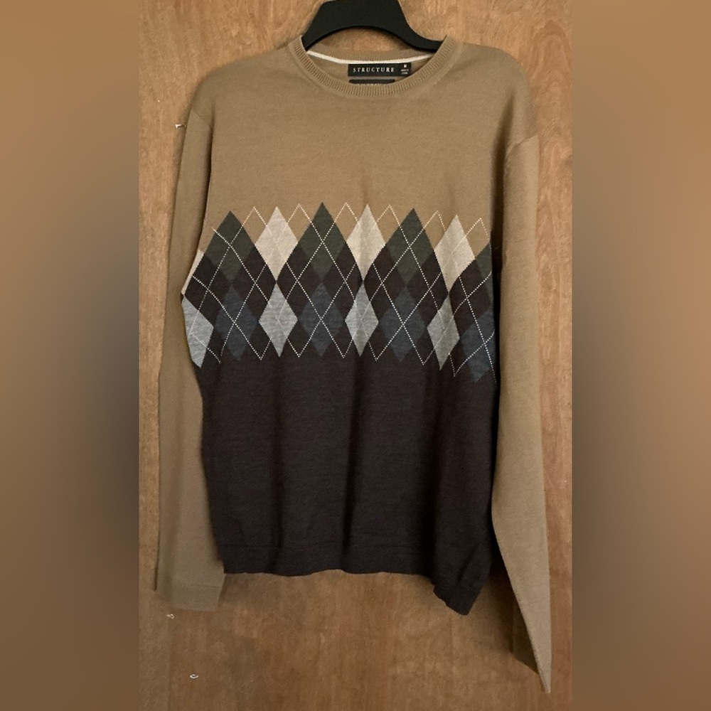 Vintage Structure Men Argyle Pattern Sweater 100% Fine Italian Merino Wool Sz M
